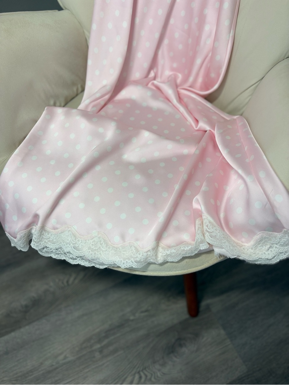 LoveShackFancy manuela Pale Pink Polka Dot Satin Slip Dress with White Lace - Picture 3 of 8